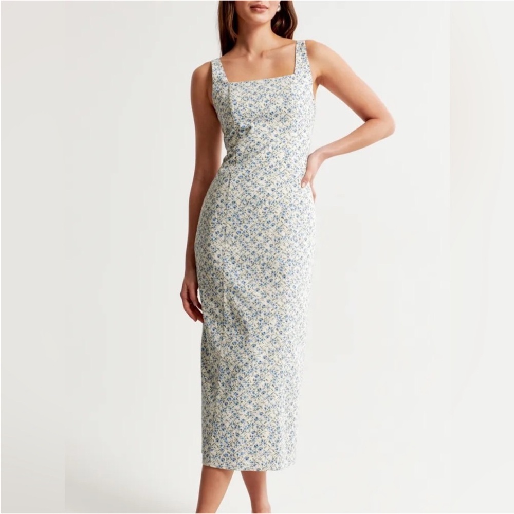 Floral Square-Neck Midi Dress in Light Blue